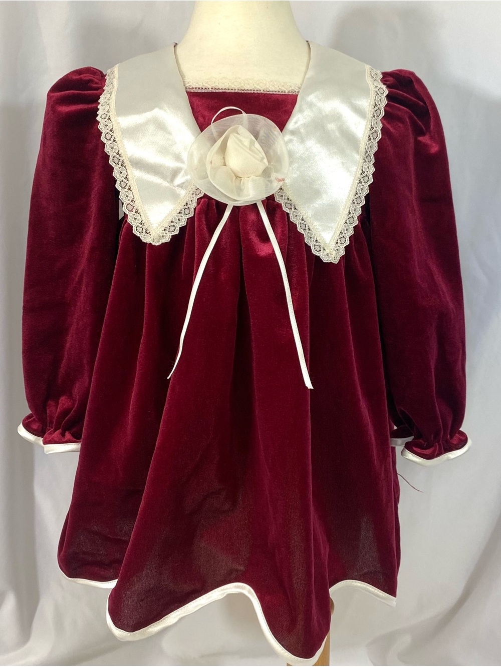 Girls' Burgundy Velvet Dress with Ivory Collar and Rosette